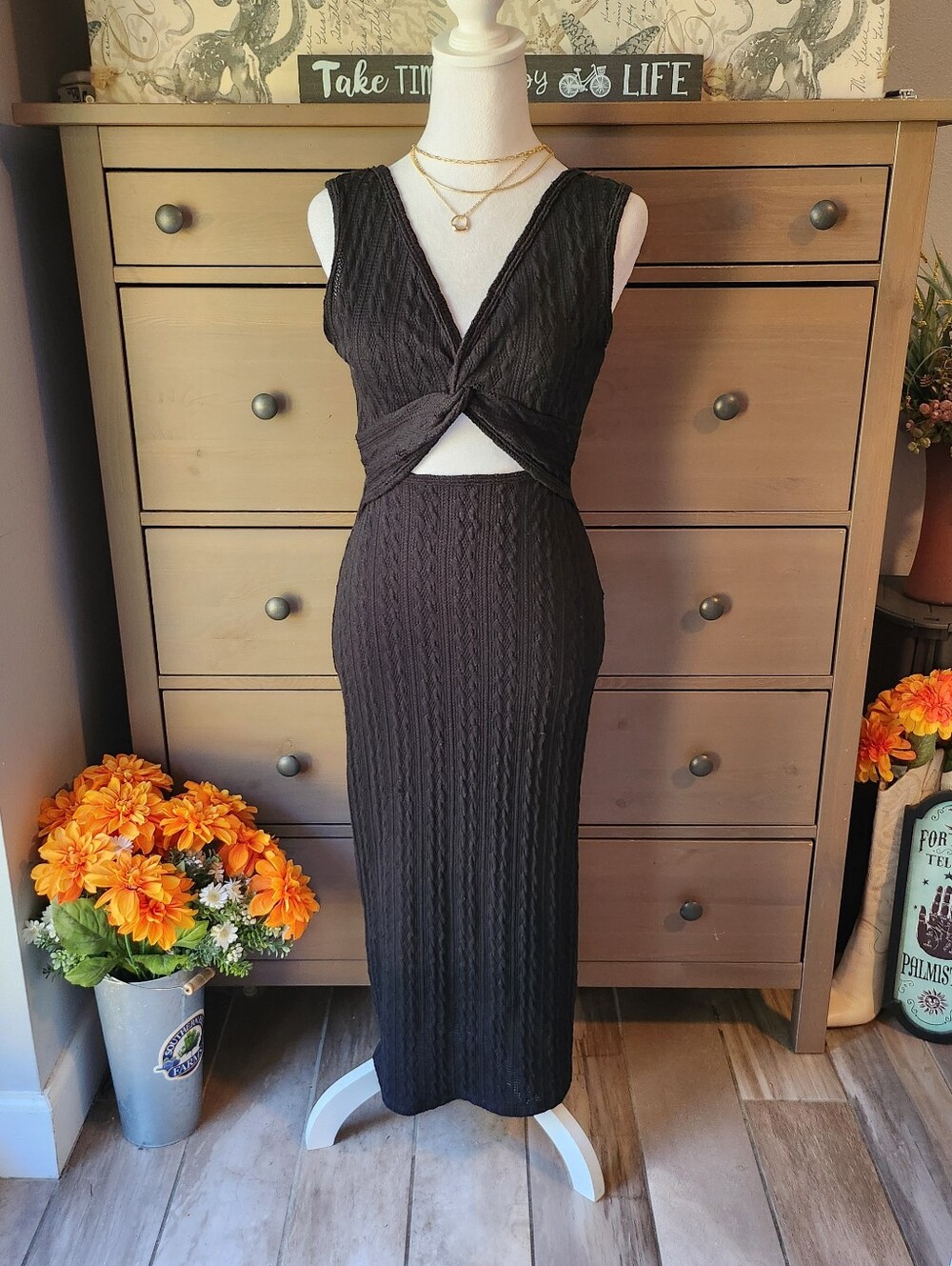 Black Knit Twist-Front Cutout Maxi Dress